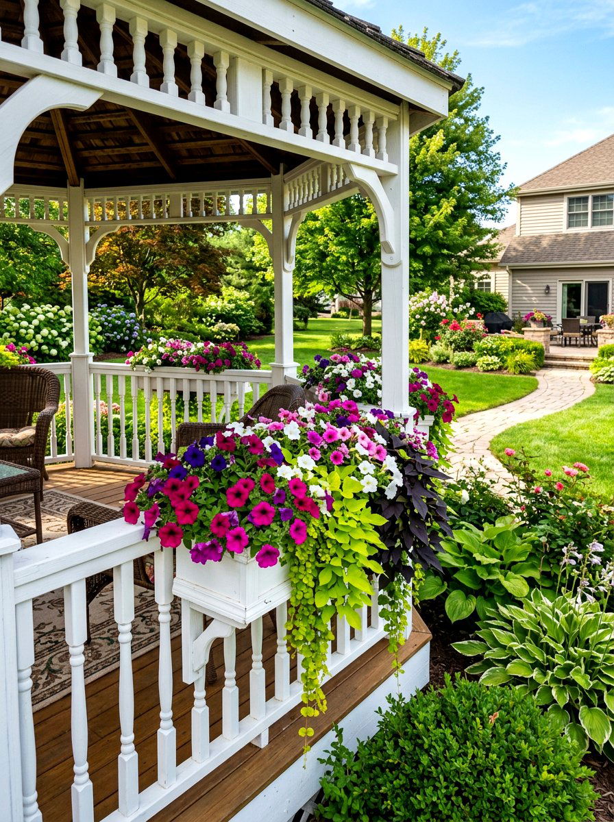 Railing flower boxes for gazebo - 30 gazebo planter ideas