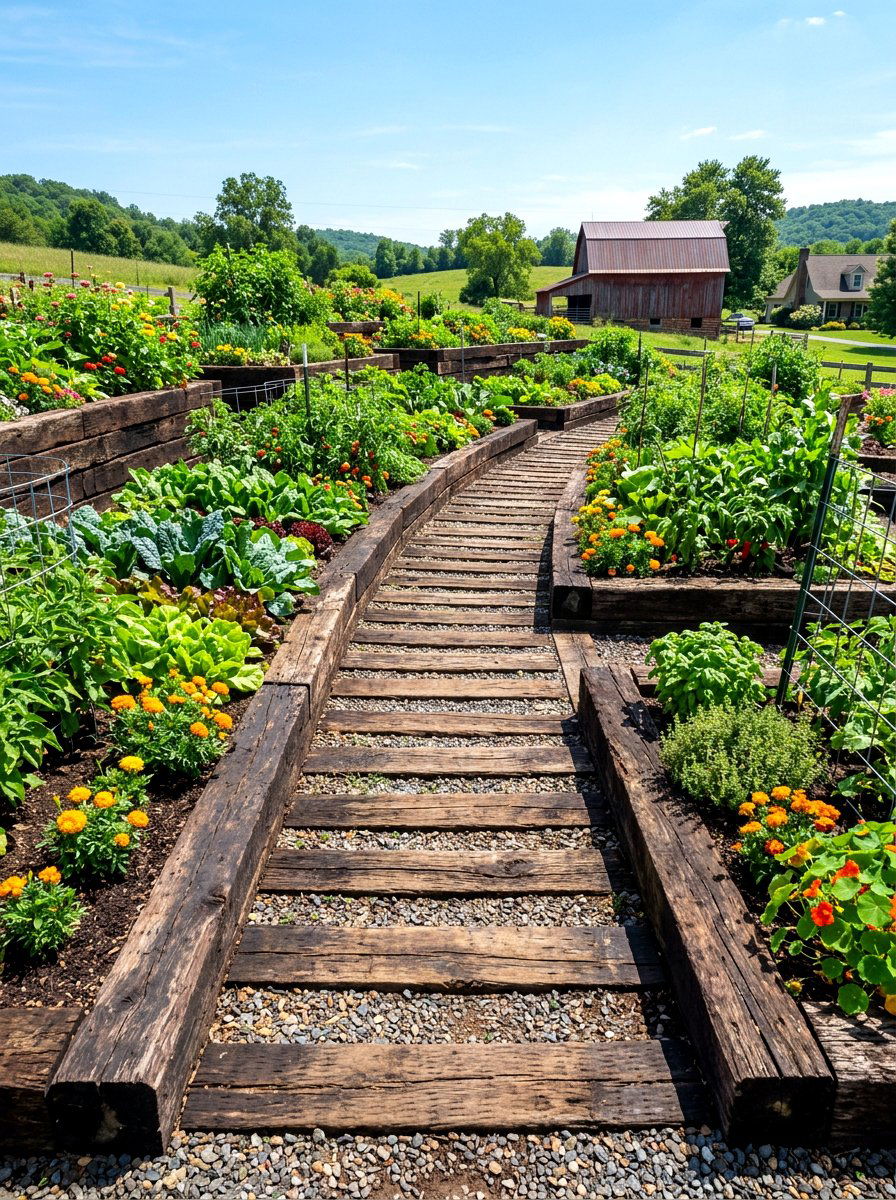 Railroad Tie Path - 30 vegetable garden path ideas