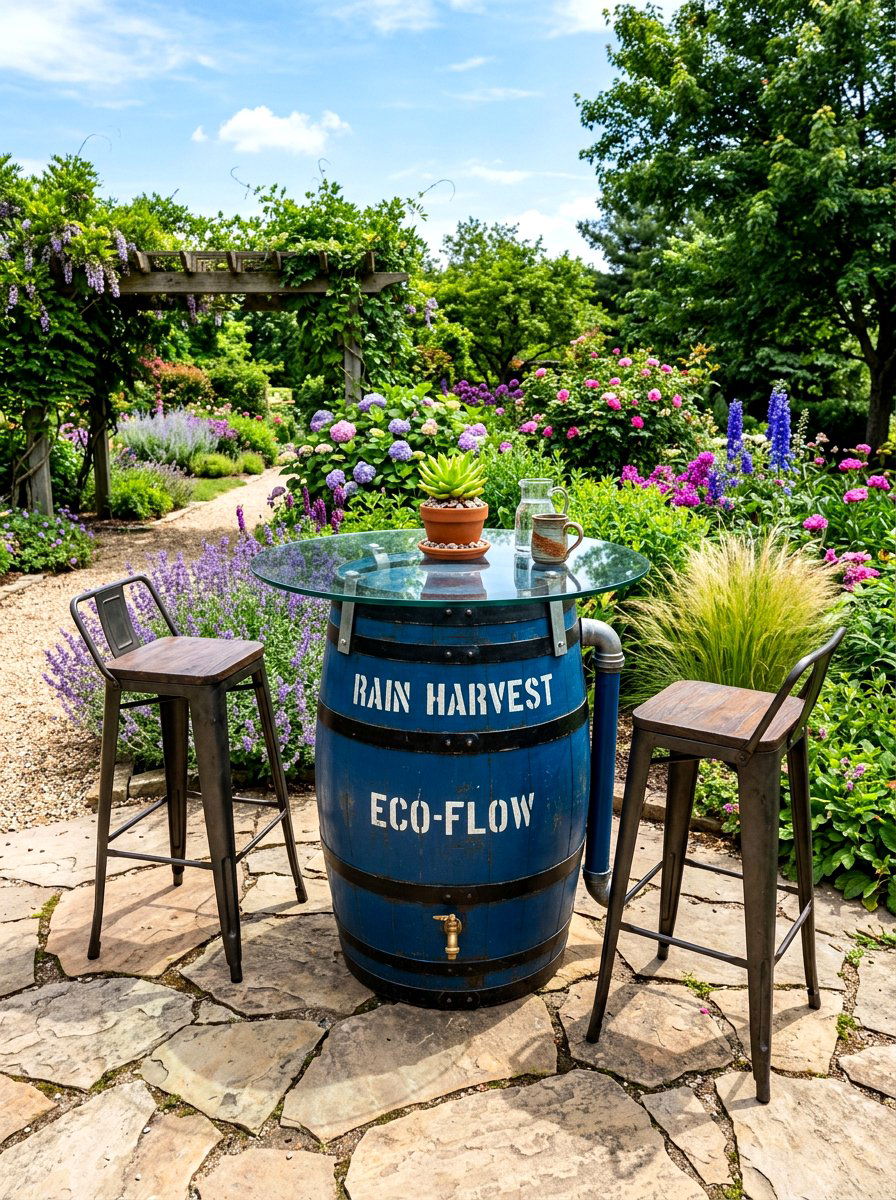 Rain Barrel Table - 30 budget outdoor furniture ideas
