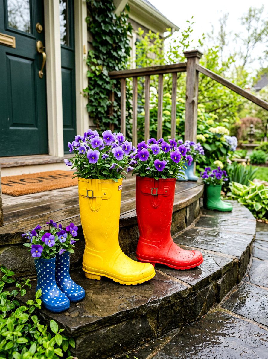 Rain Boot Planters - 30 spring front porch ideas
