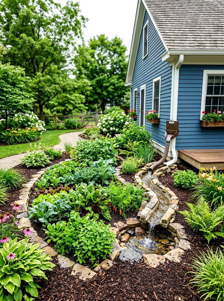 Rain garden diverter - 30 vegetable garden watering ideas