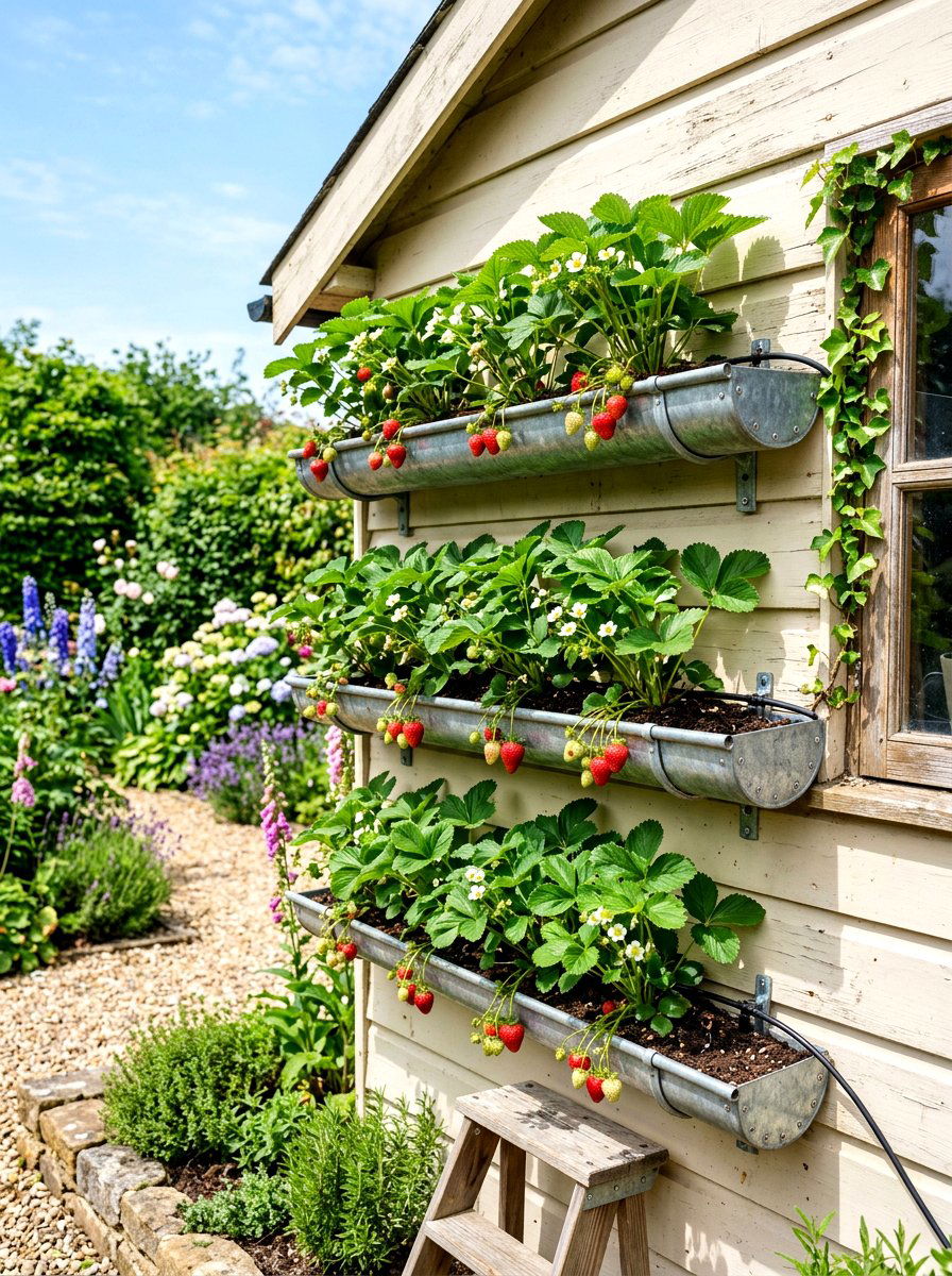 Rain gutter strawberry garden - 30 strawberry planter ideas