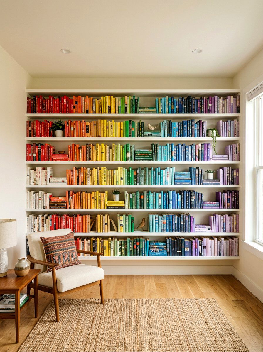 Rainbow Book Organization - 30 open shelving decor ideas