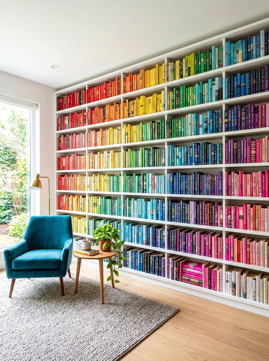 Rainbow Color Coded Bookshelf - 30 bookshelf wall ideas