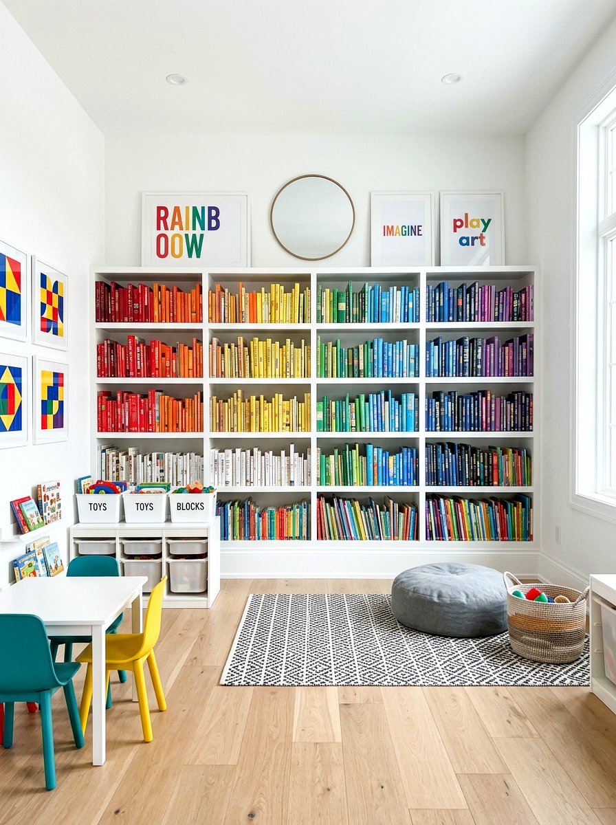 Rainbow Color Coded Shelf - 30 playroom bookshelf ideas