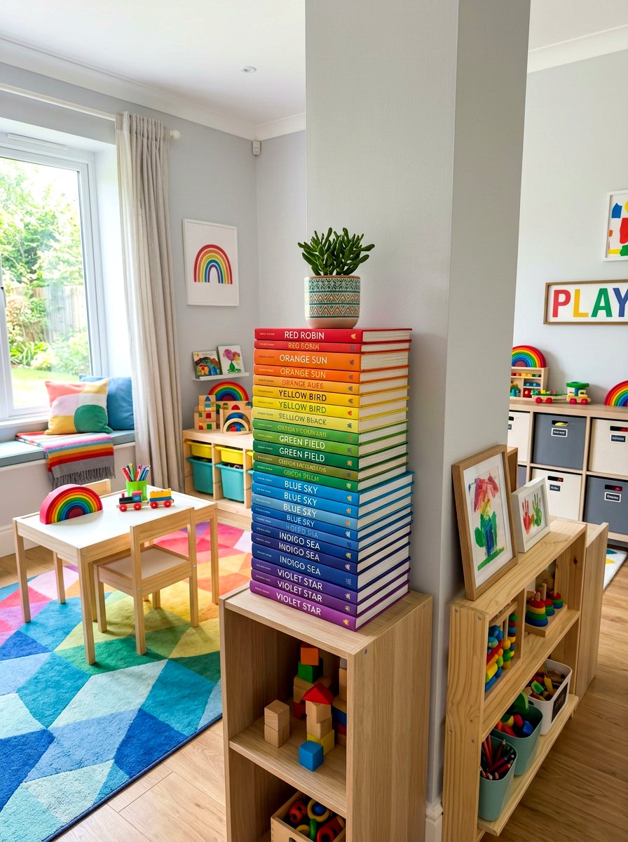 Rainbow Gradient Book Pile - 30 stacked book table ideas