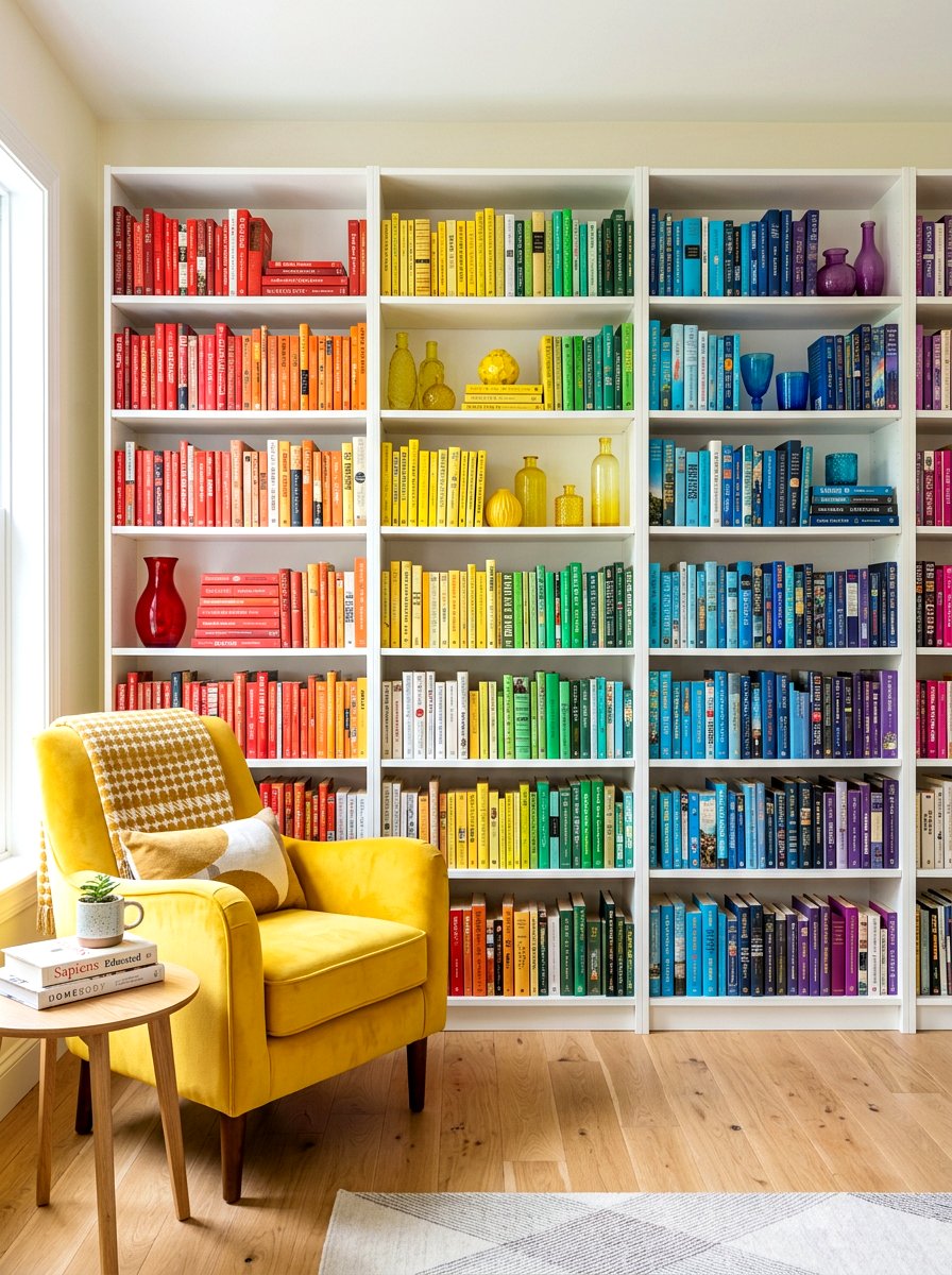 Rainbow Home Library Organization - 30 bookshelf styling ideas