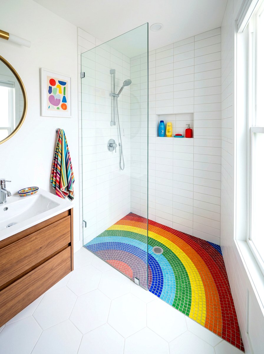 Rainbow Mosaic Shower Floor - 30 colorful bathroom tile ideas