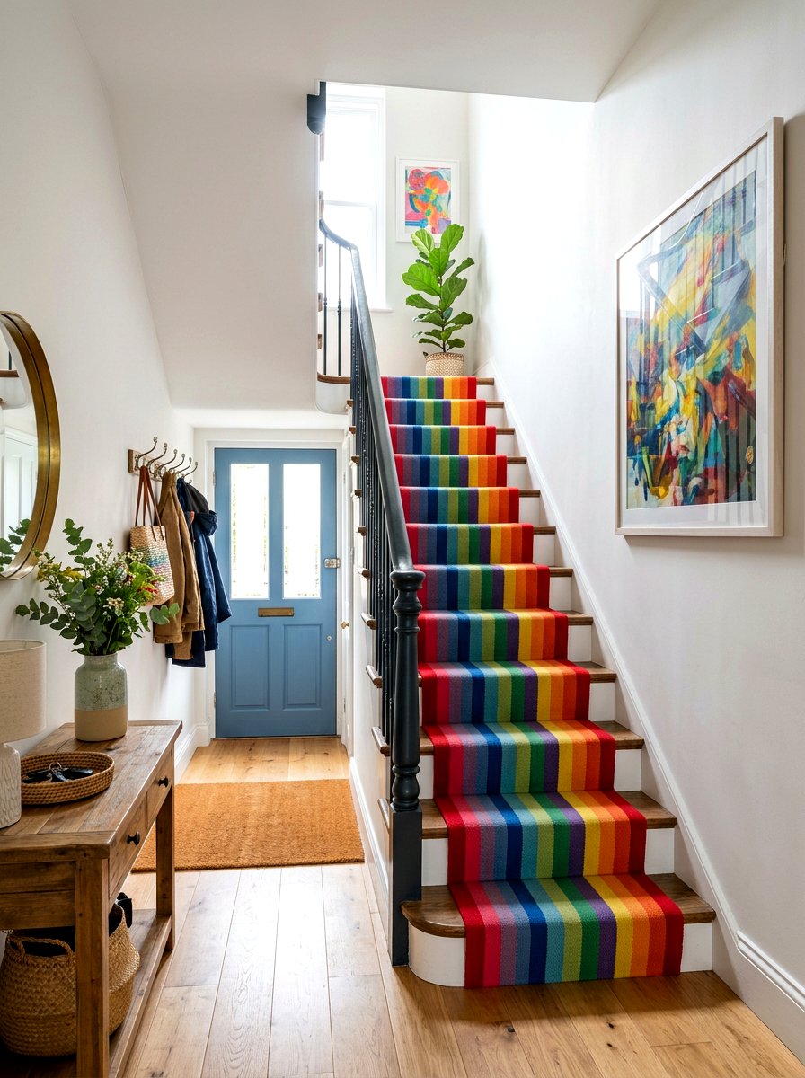 Rainbow Multi Colored Striped Stair Runner - 30 stair runner stripe ideas