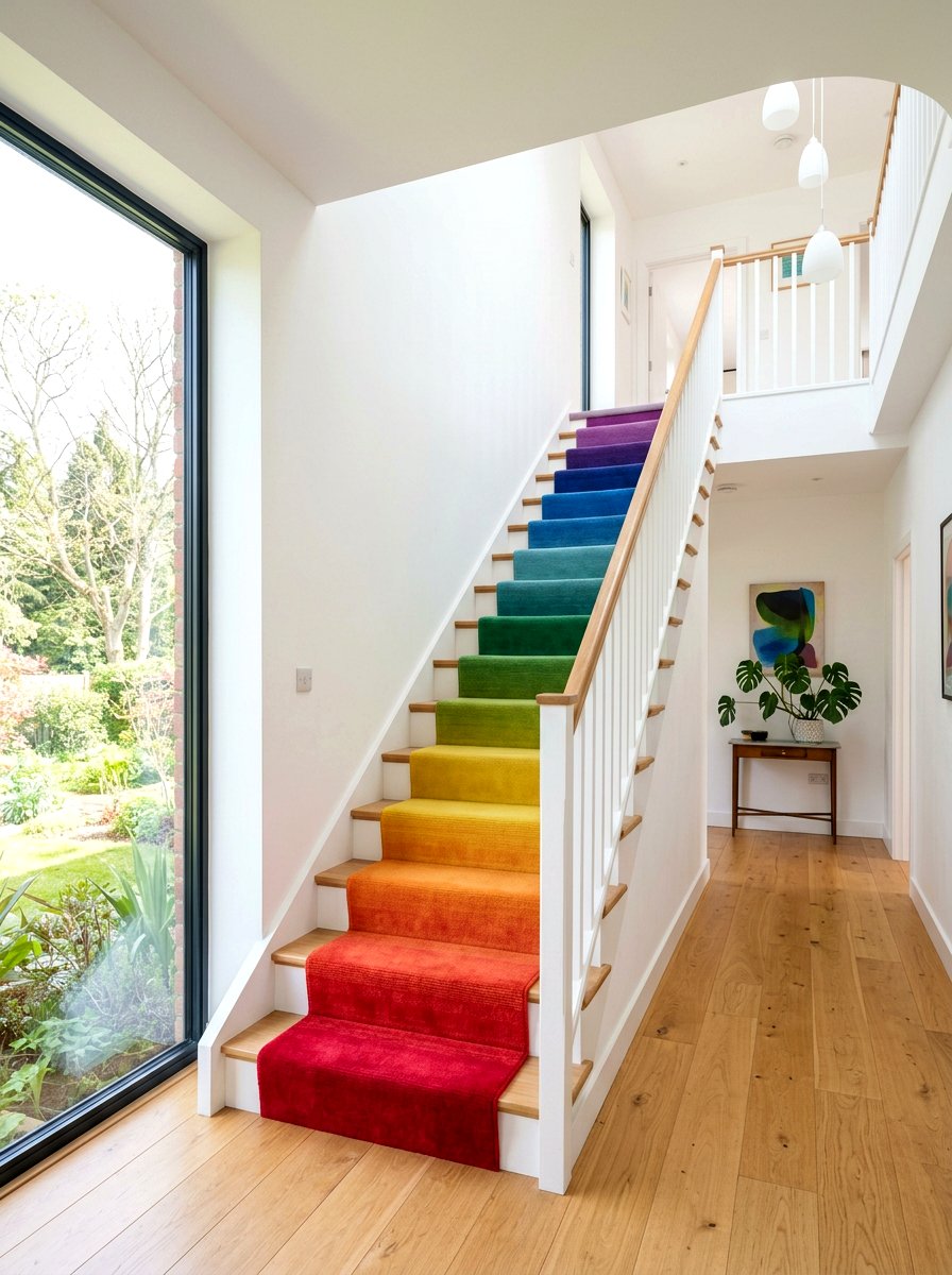 Rainbow Ombre Stair Runner - 30 dramatic stair runner ideas