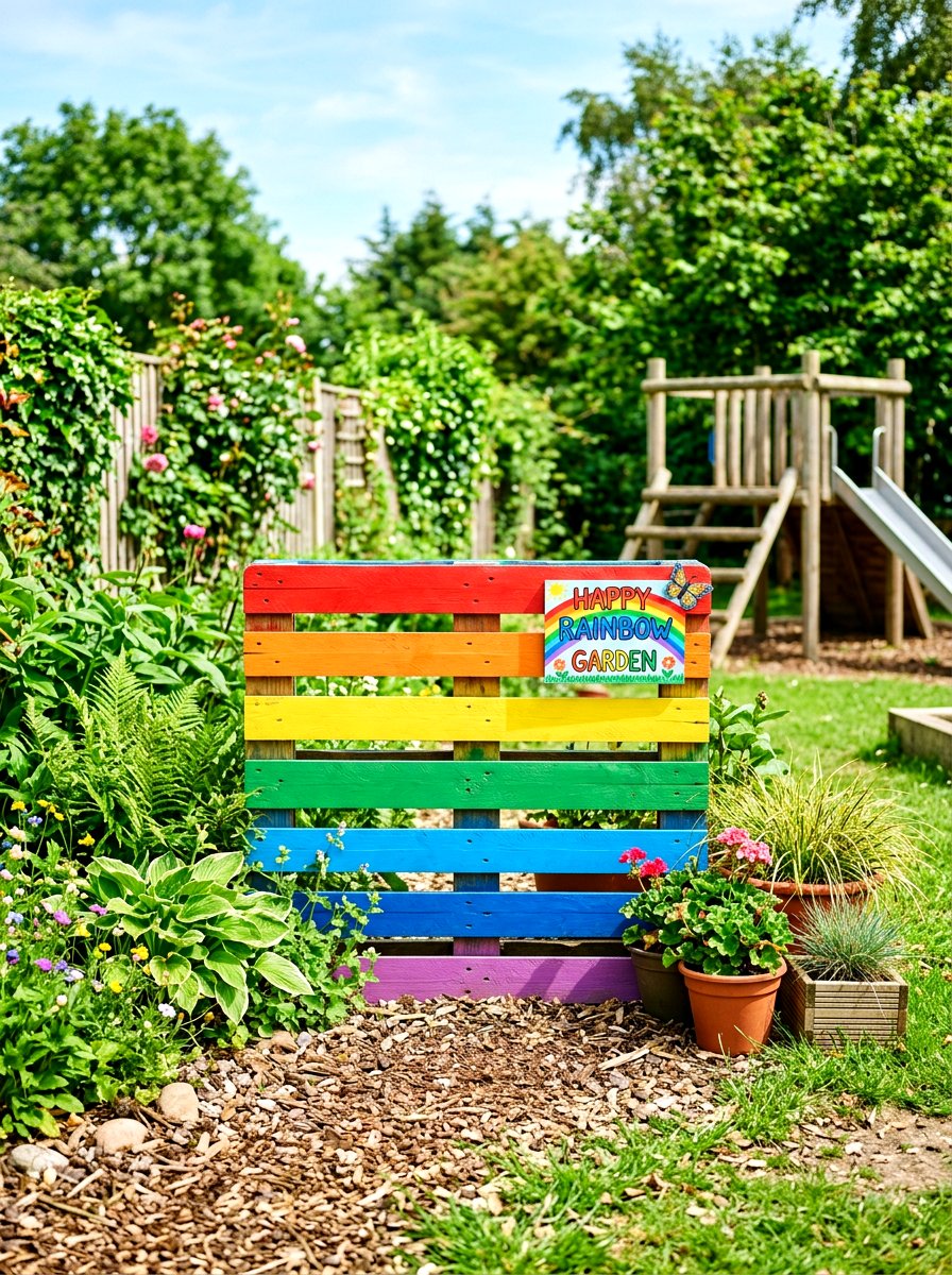Rainbow Painted Pallet - 30 pallet garden wall ideas