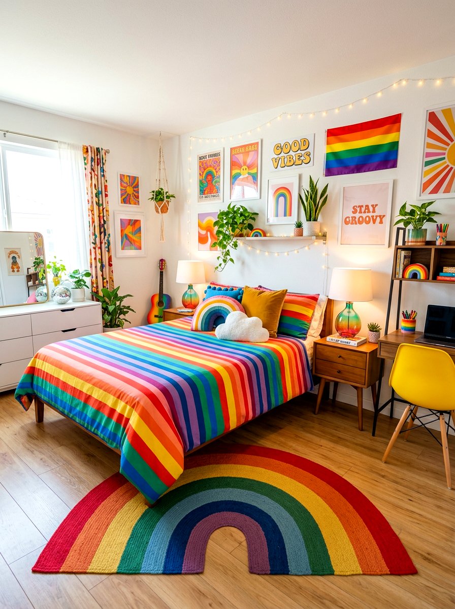 Rainbow Stripe Nostalgia Core Bedroom - 30 nostalgia core bedroom ideas