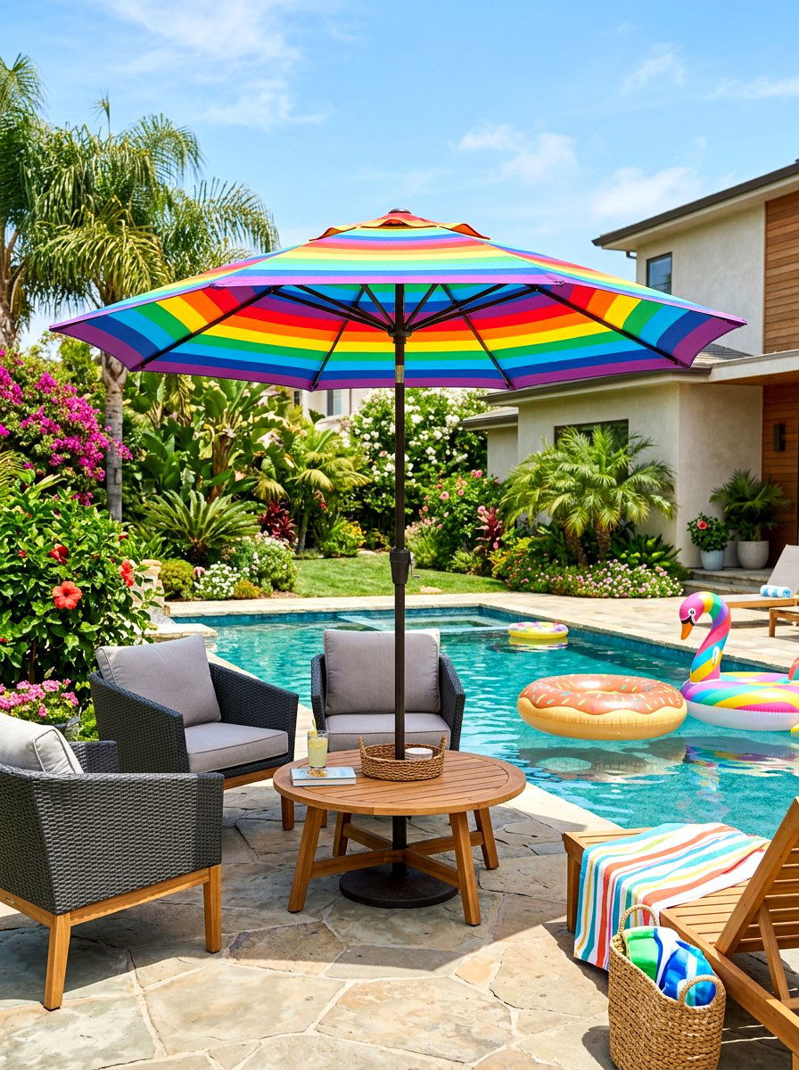 Rainbow Striped Pool Side Umbrella - 30 poolside striped umbrellas ideas