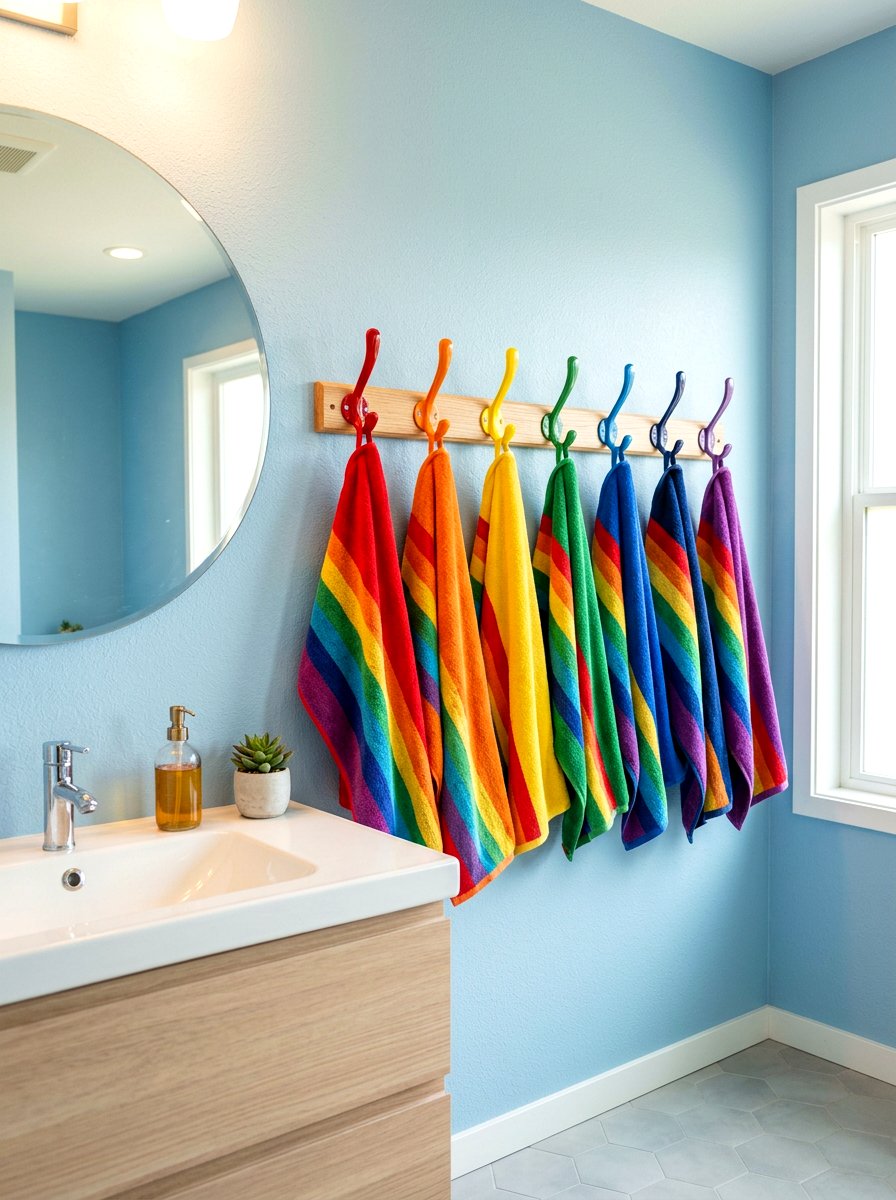Rainbow Towel Rack - 30 dopamine bathroom ideas