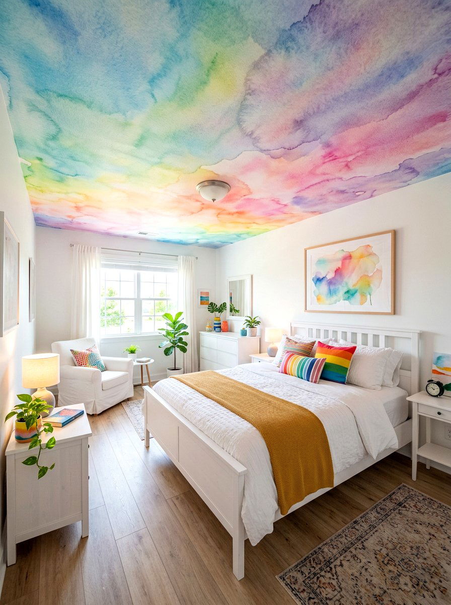 Rainbow Watercolor Wash - 30 ceiling wallpaper bedroom ideas