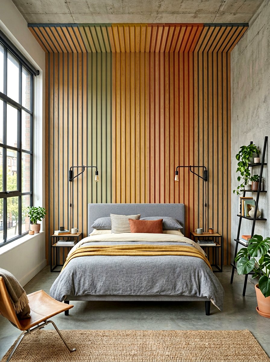 Rainbow Wood Slat Wall - 30 muted rainbow bedroom ideas