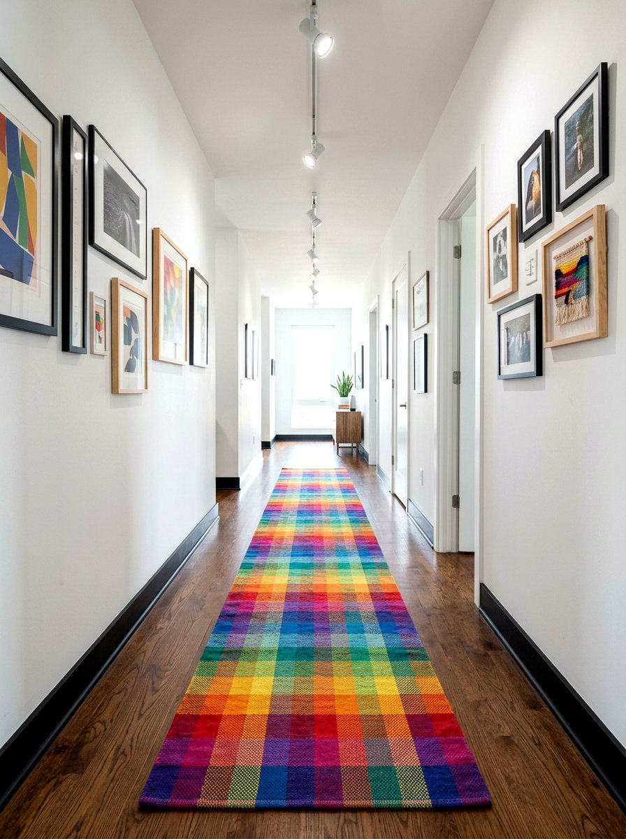 Rainbow checkerboard hallway runner - 30 bright checkerboard decor ideas