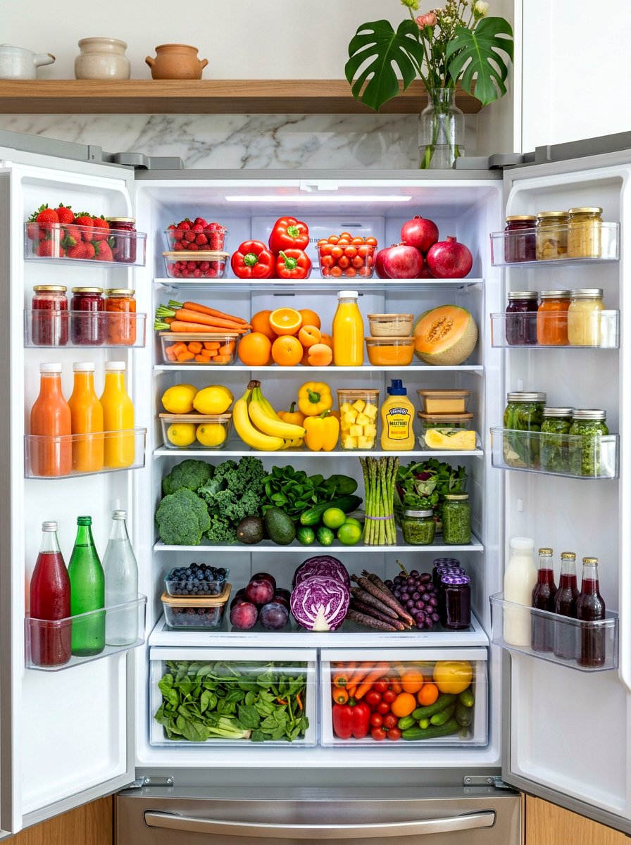 Rainbow color coded food - 30 aesthetic fridge organization ideas