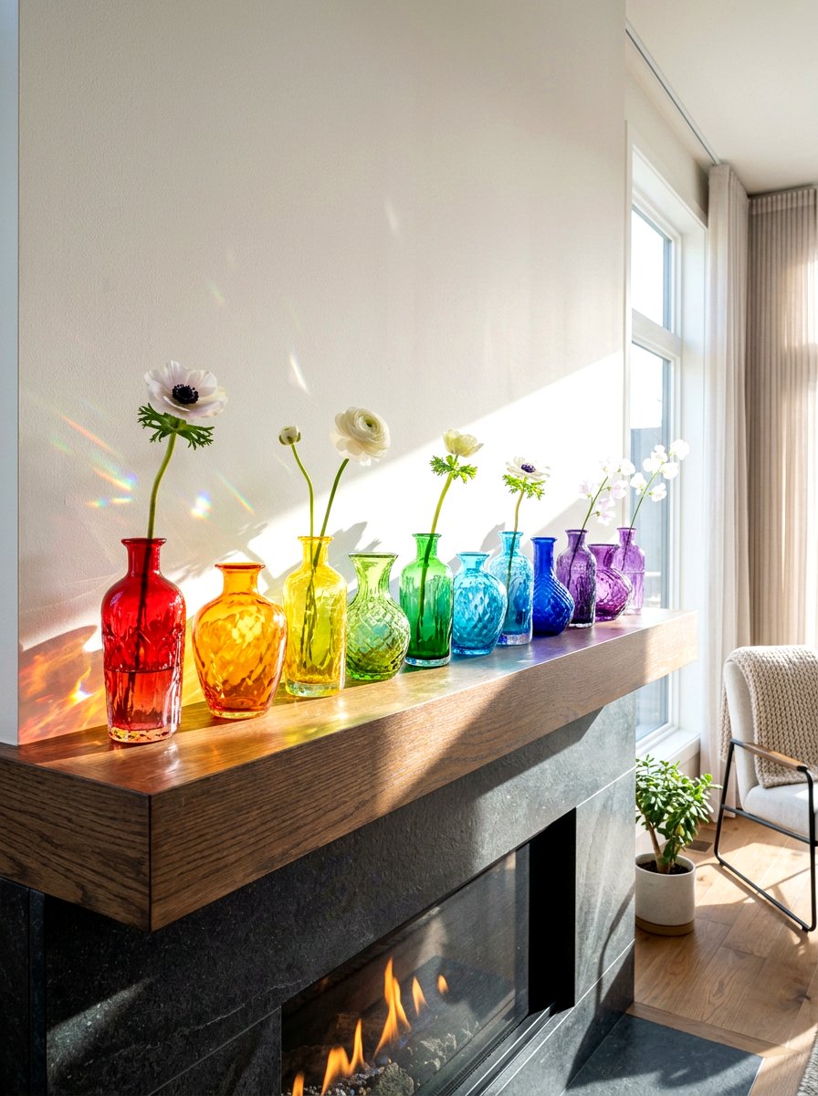Rainbow colored glassware mantel - 30 spring mantel decor ideas