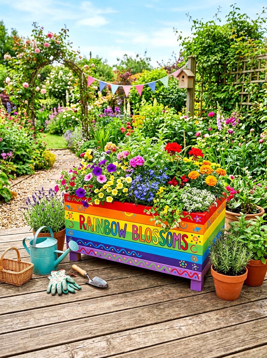 Rainbow garden planter - 30 painted flower pot ideas