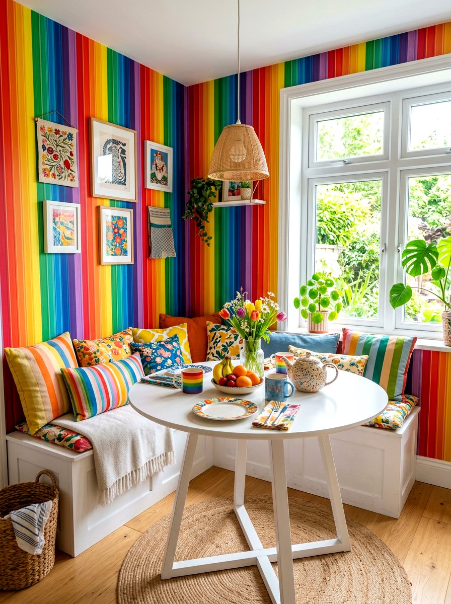 Rainbow striped breakfast nook - 30 striped kitchen wallpaper ideas
