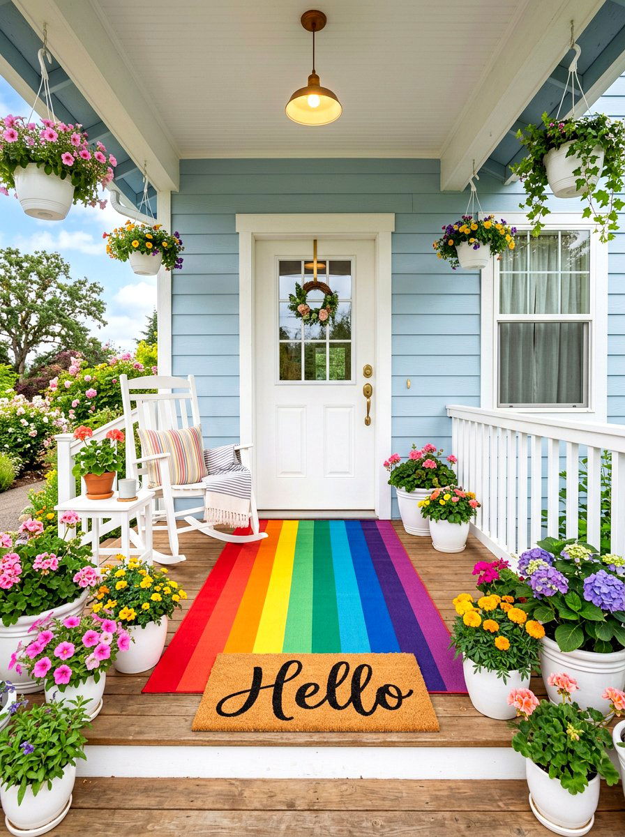 Rainbow striped outdoor rug - 30 porch doormat layering ideas