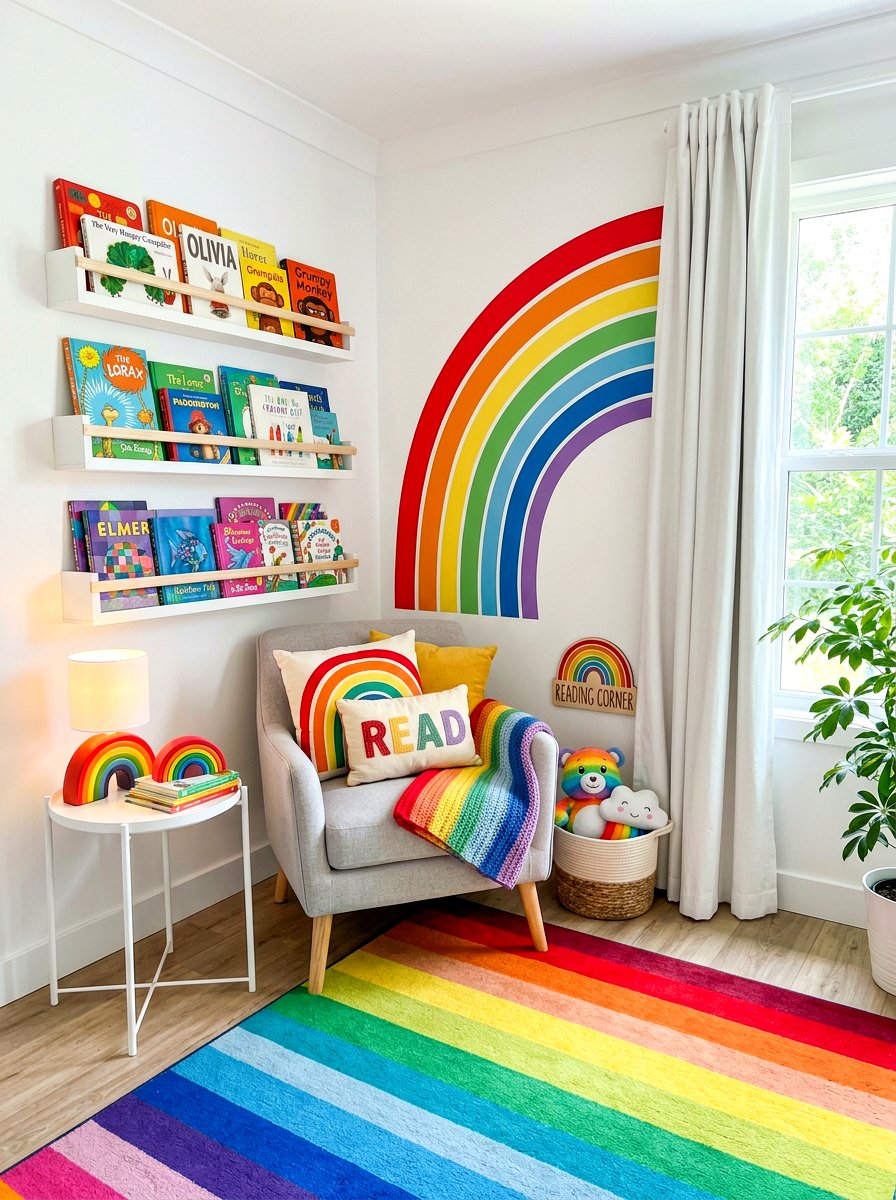 Rainbow theme nursery reading nook - 30 nursery reading corner ideas