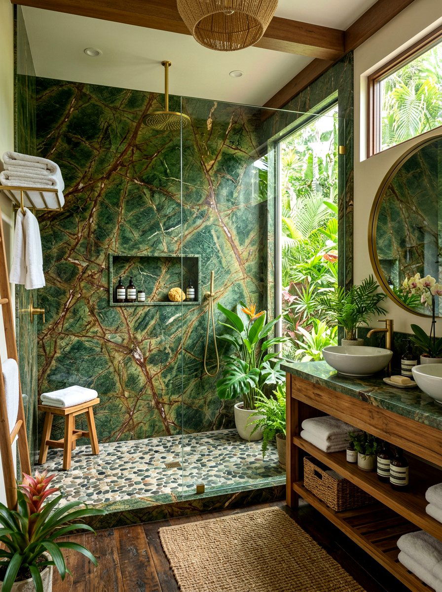 Rainforest Green Marble Shower - 30 stone slab shower wall ideas