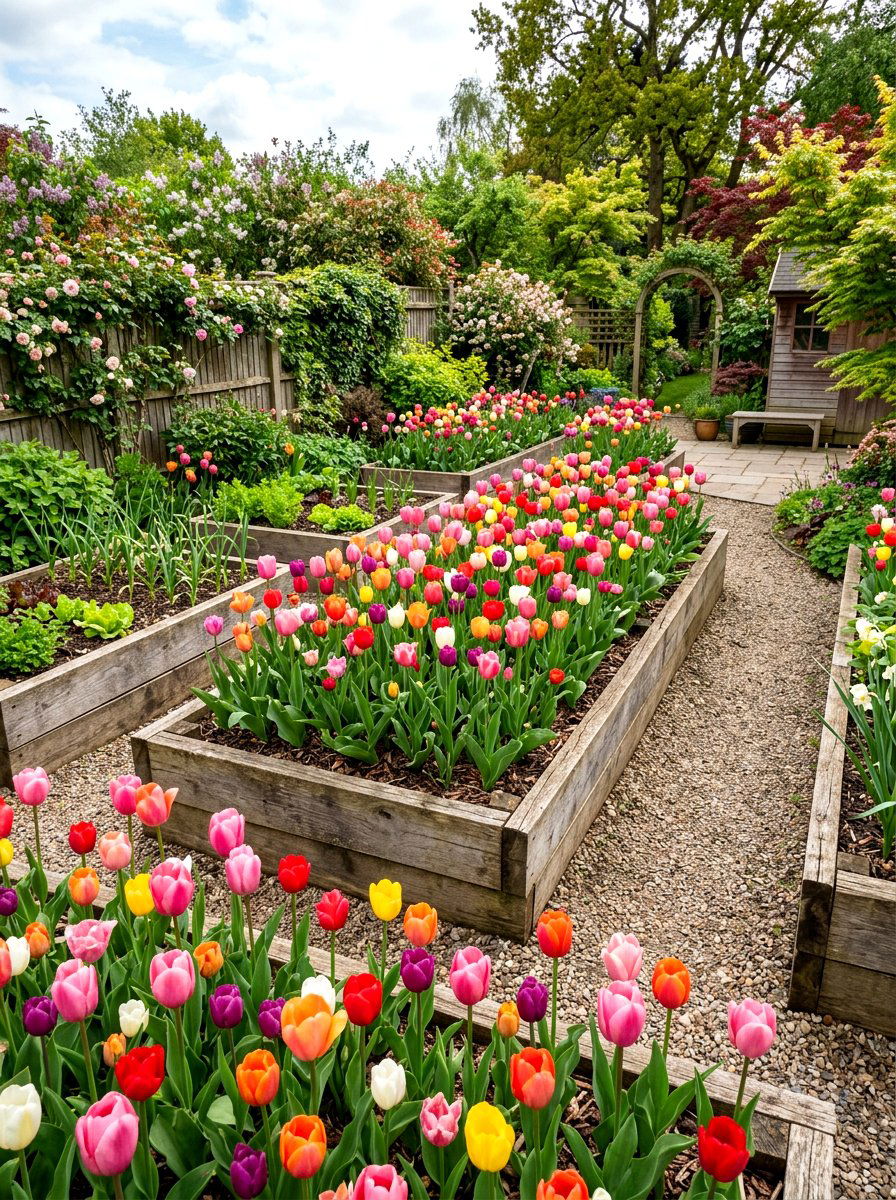 Raised Bed Tulips - 30 tulip garden ideas