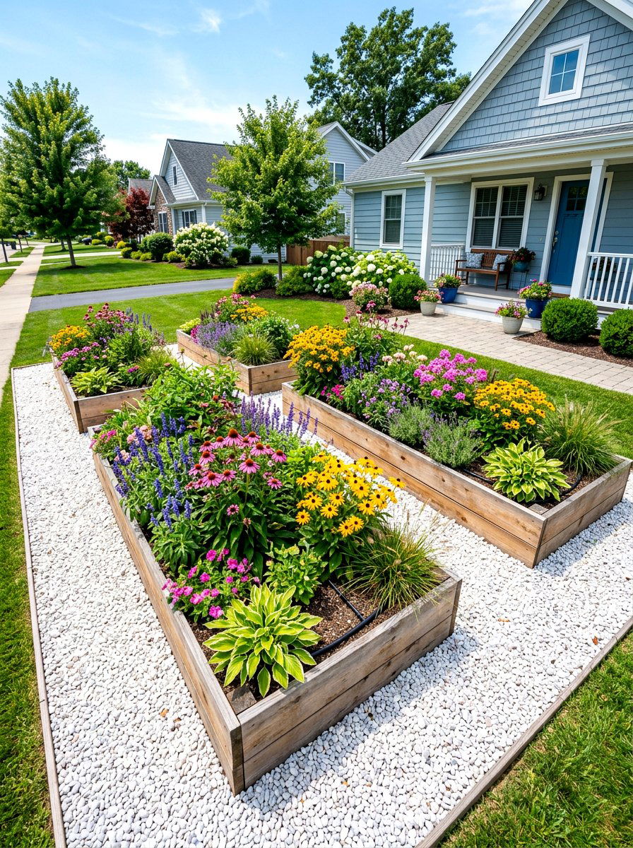 Raised Garden Beds - 30 white gravel front yard ideas