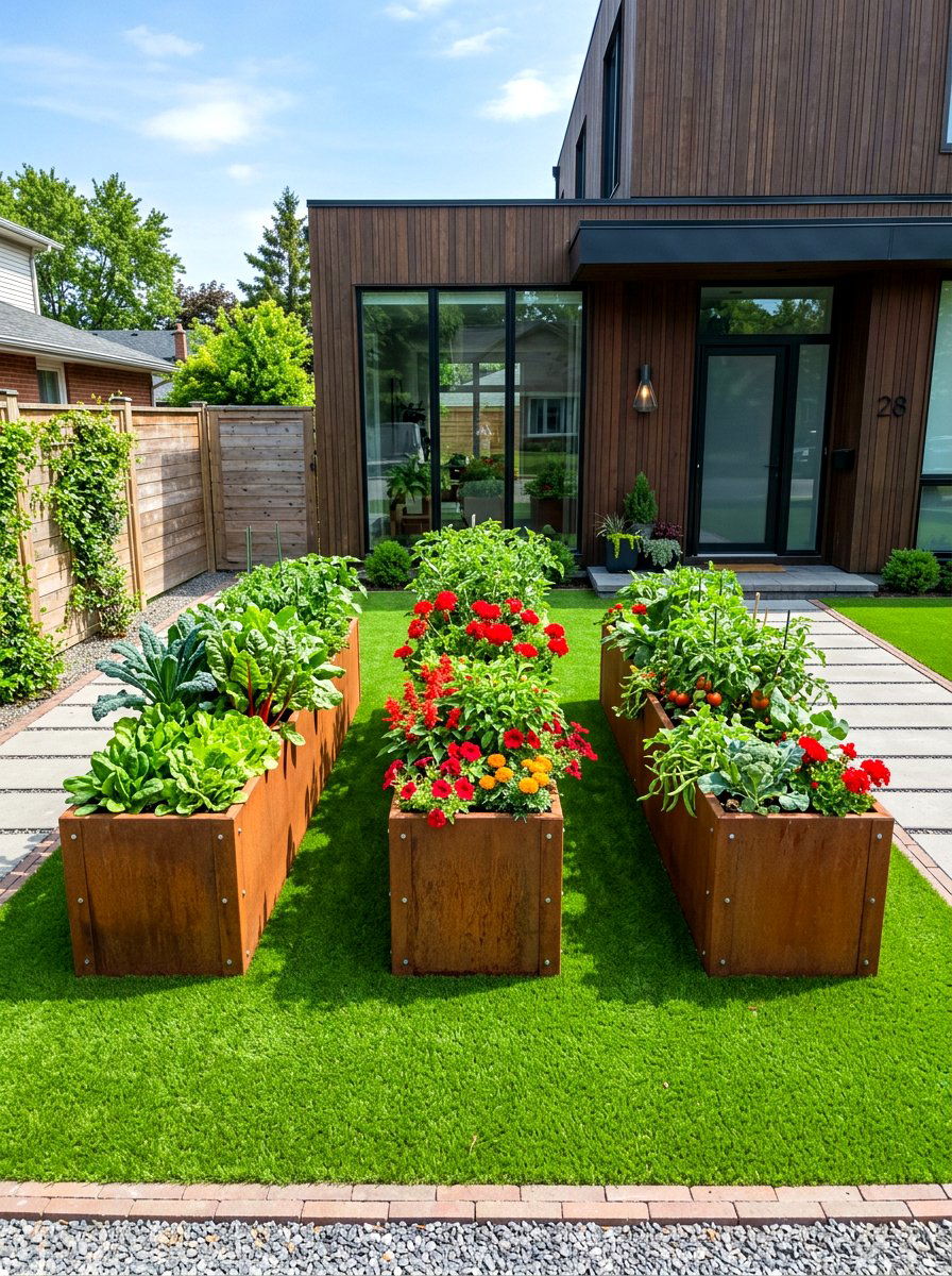 Raised Planter Surround - 30 artificial grass front yard ideas