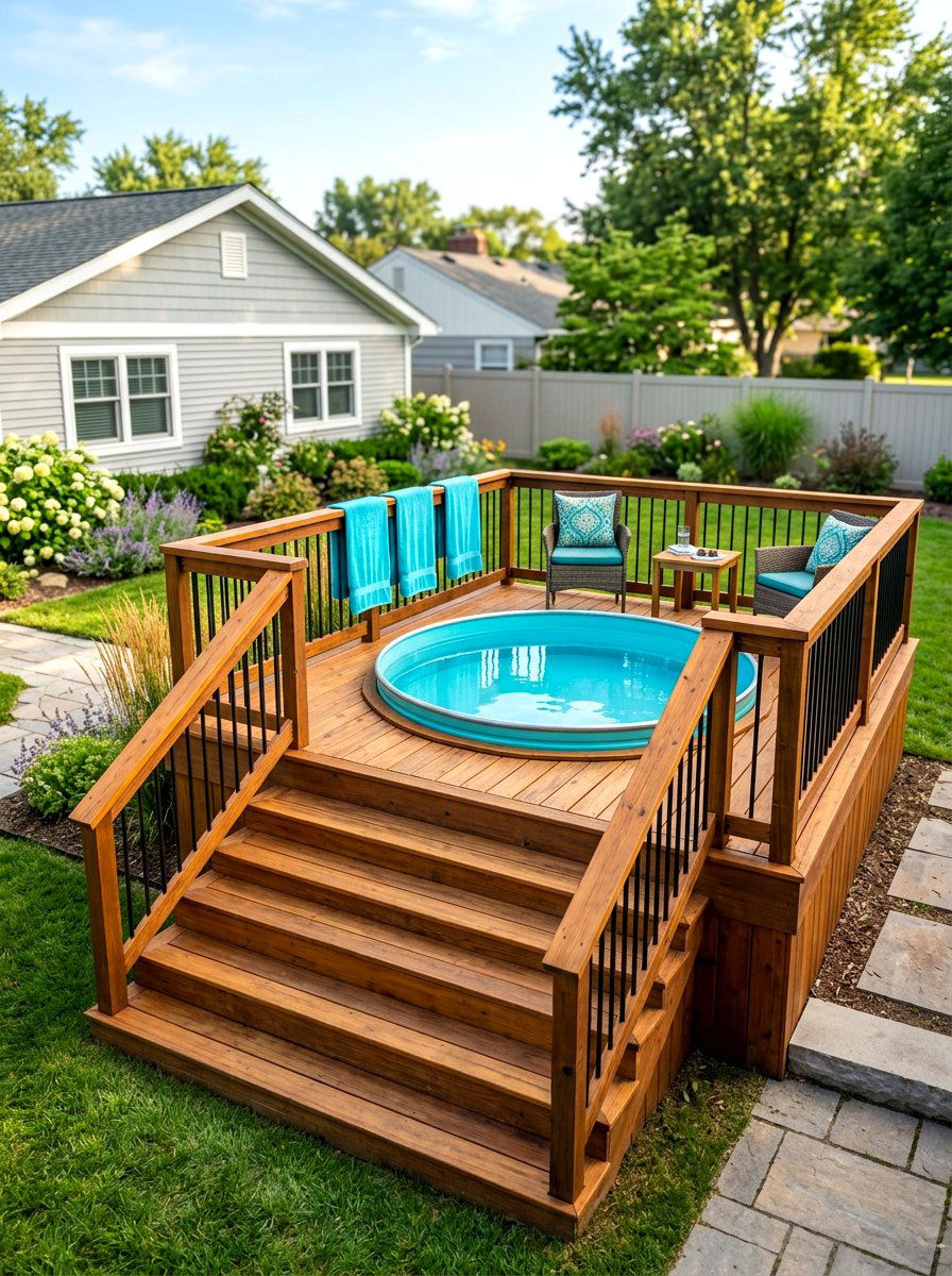 Raised Stock Tank Platform - 30 stock tank pool deck ideas