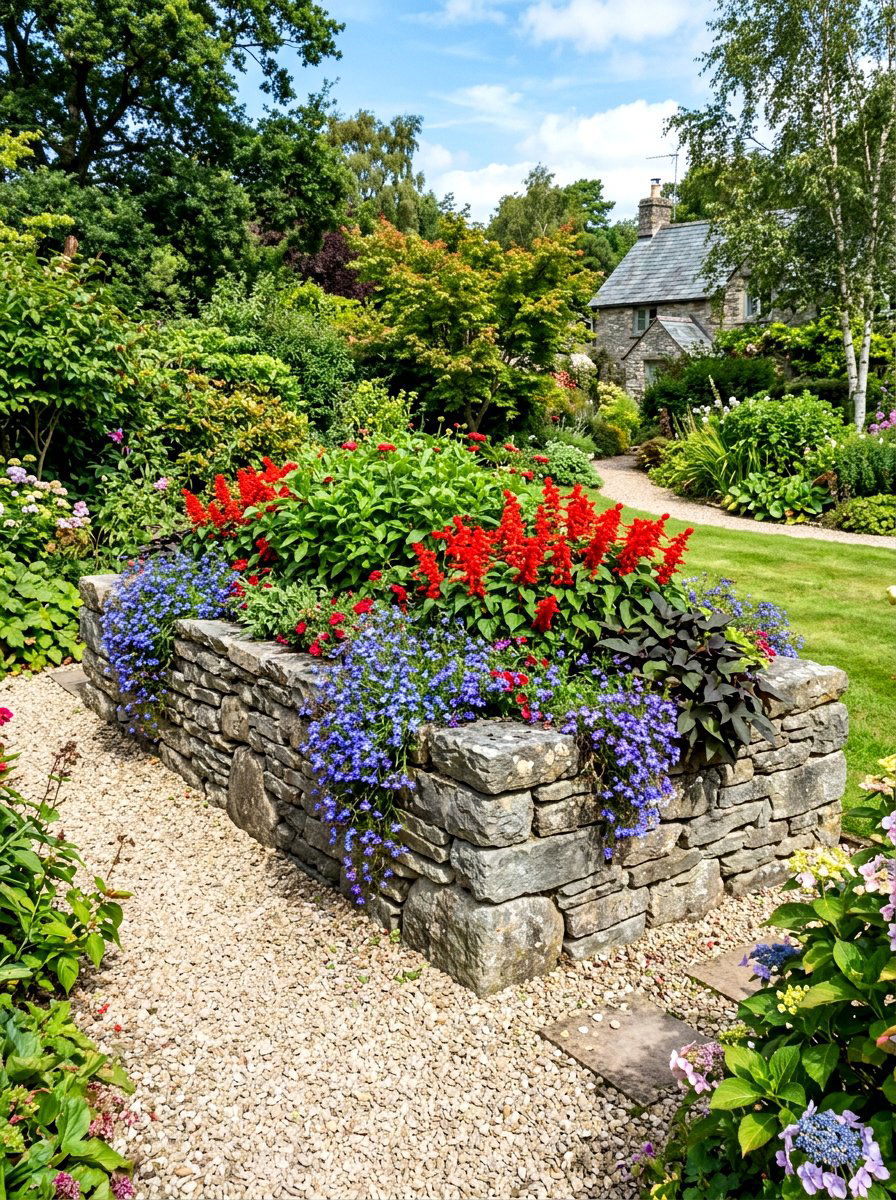 Raised Stone Bed Border - 30 cottage border backyard ideas