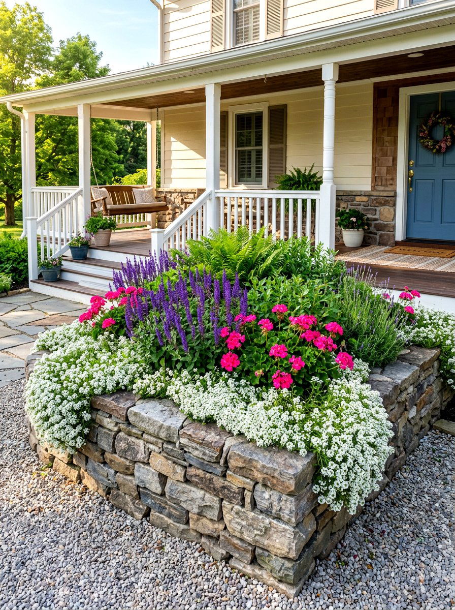 Raised Stone Garden Bed - 30 front porch flower bed ideas