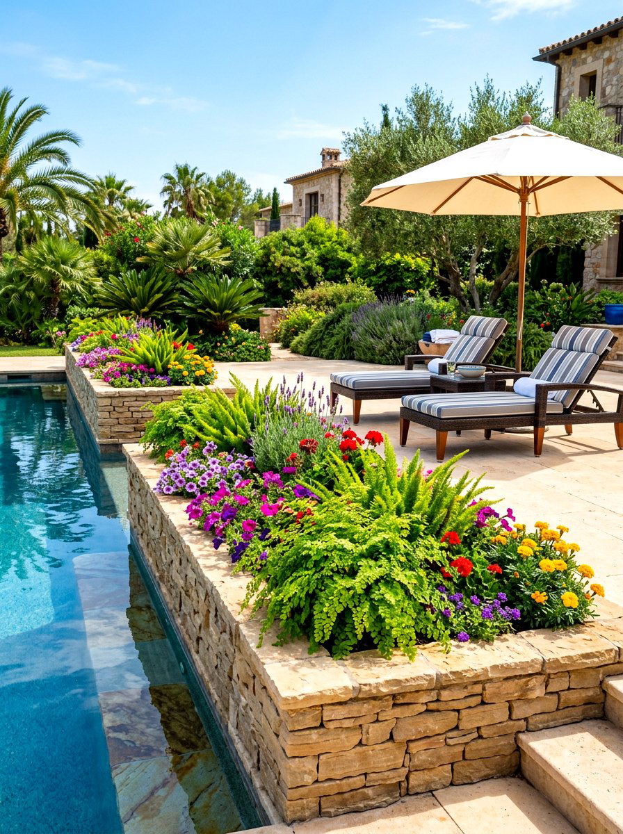 Raised Stone Planters - 30 resort backyard pool ideas