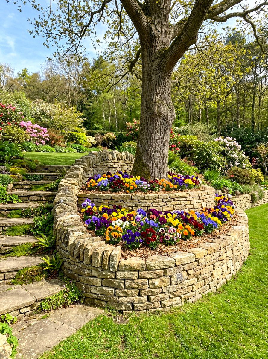 Raised Stone Retaining Wall - 30 tree border landscaping ideas