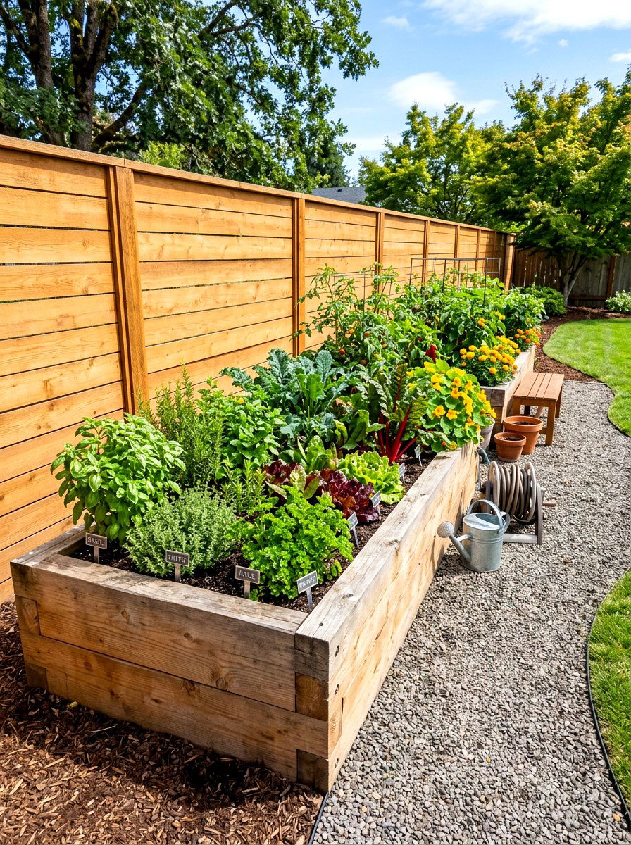 Raised Wood Garden Bed - 30 side yard privacy fence landscaping ideas