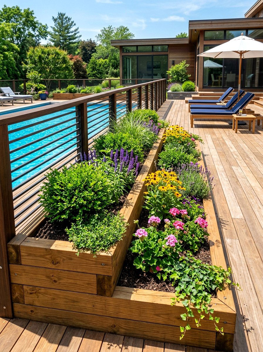 Raised Wooden Garden Bed - 30 pool fence landscaping ideas