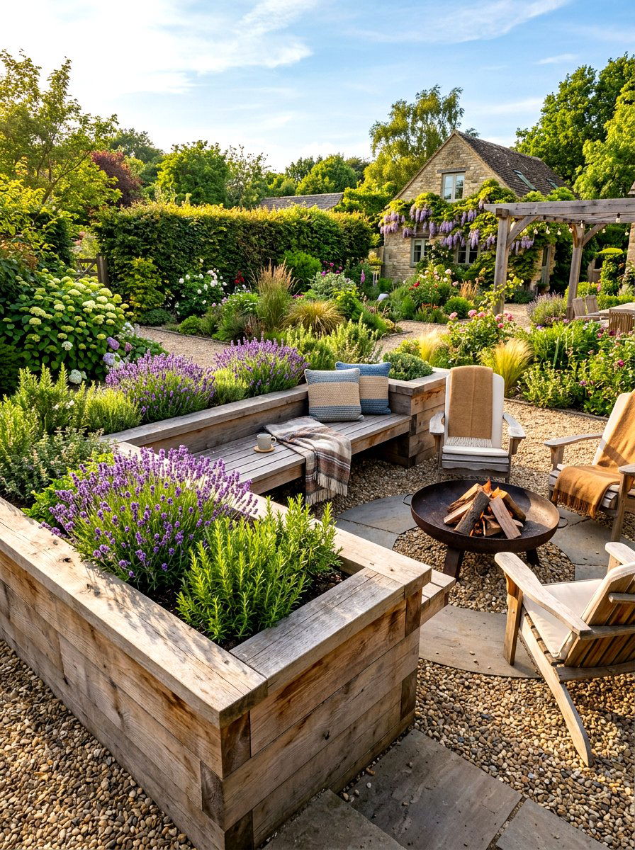 Raised bed with bench seating - 30 wood raised bed ideas