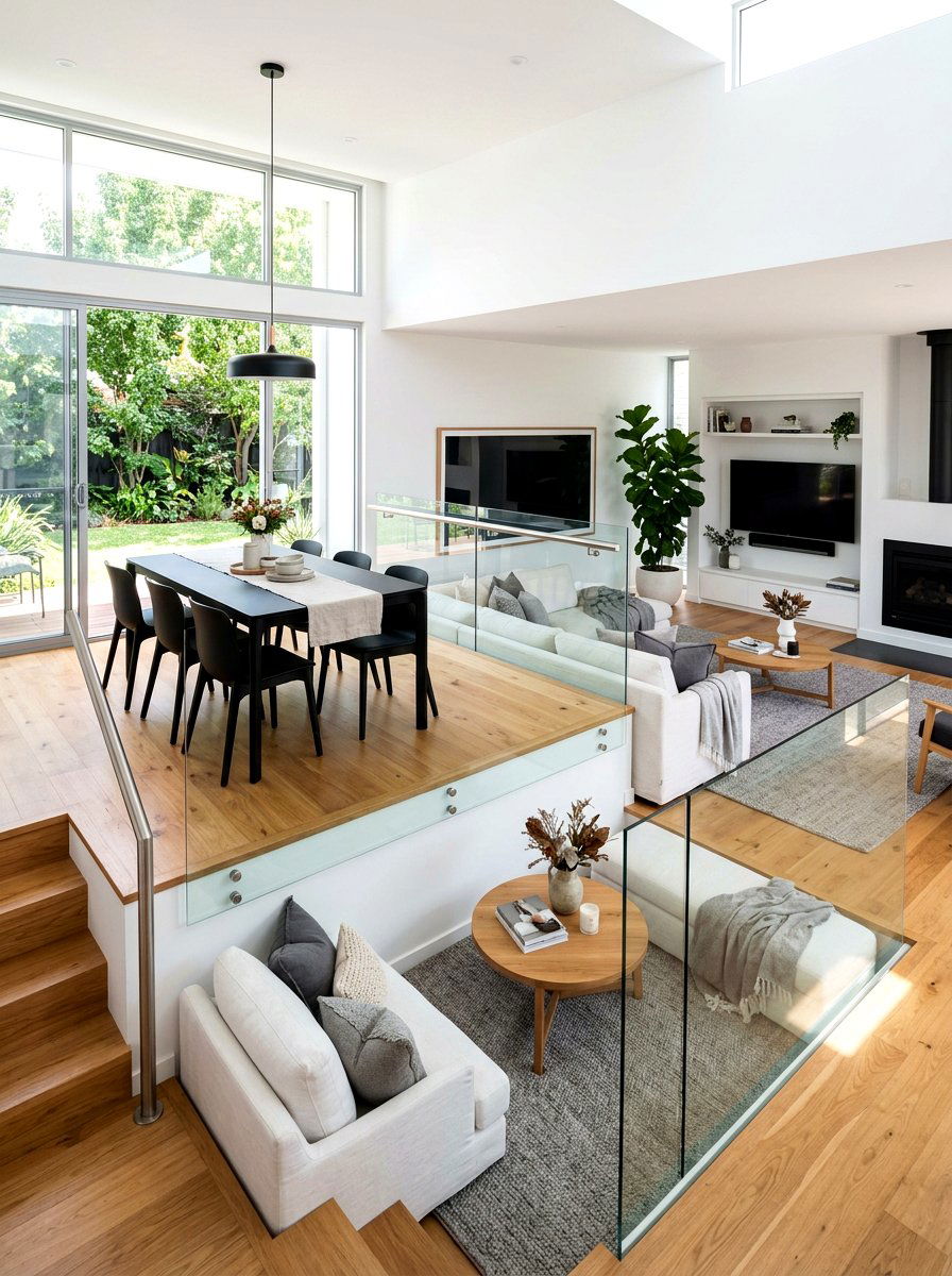 Raised dining area overlooking living room - 30 split level living room ideas