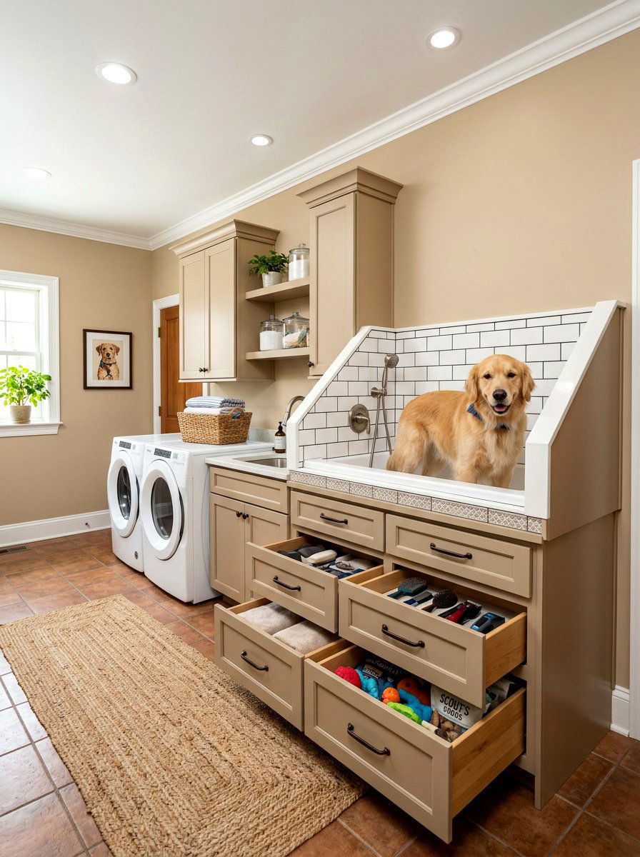 Raised pet wash station with cabinetry - 30 pet washing station laundry ideas