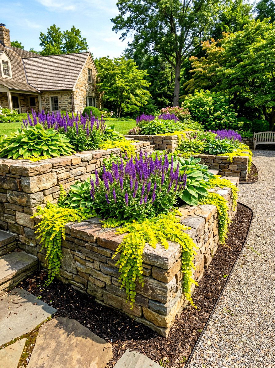 Raised stone flower beds - 30 front yard makeover ideas