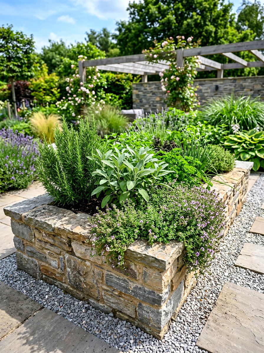 Raised stone herb planter - 30 herb patio border ideas