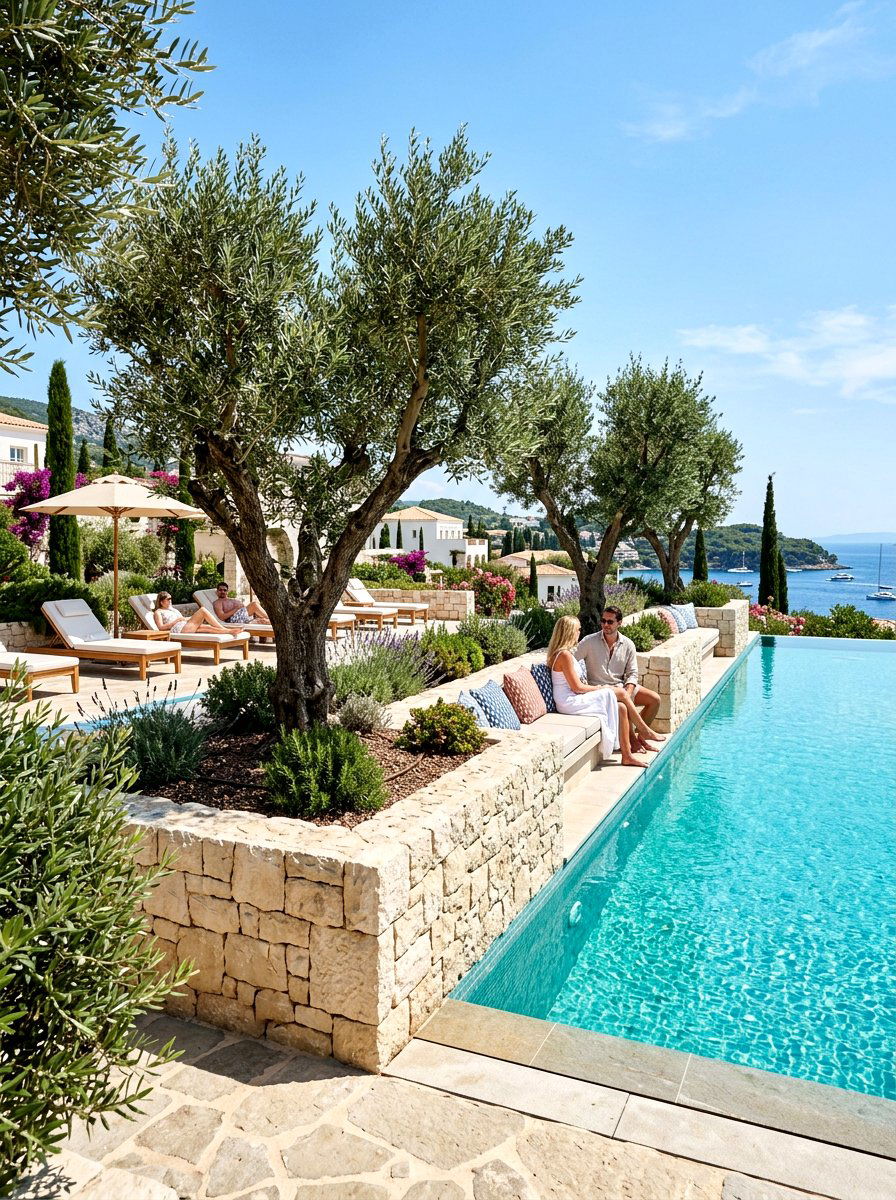 Raised stone planters for poolside olive trees - 30 poolside olive trees ideas