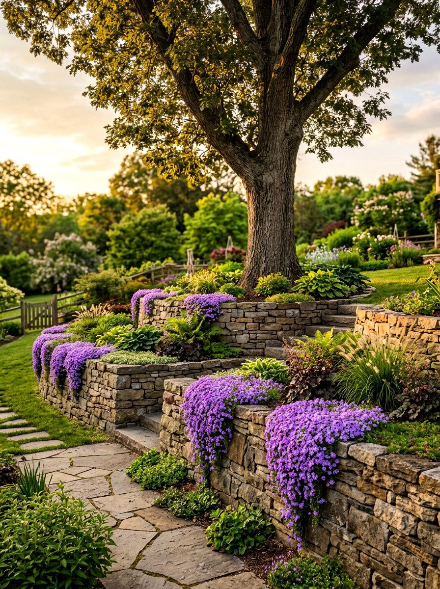 Raised stone retaining wall bed - 30 flower bed around tree ideas