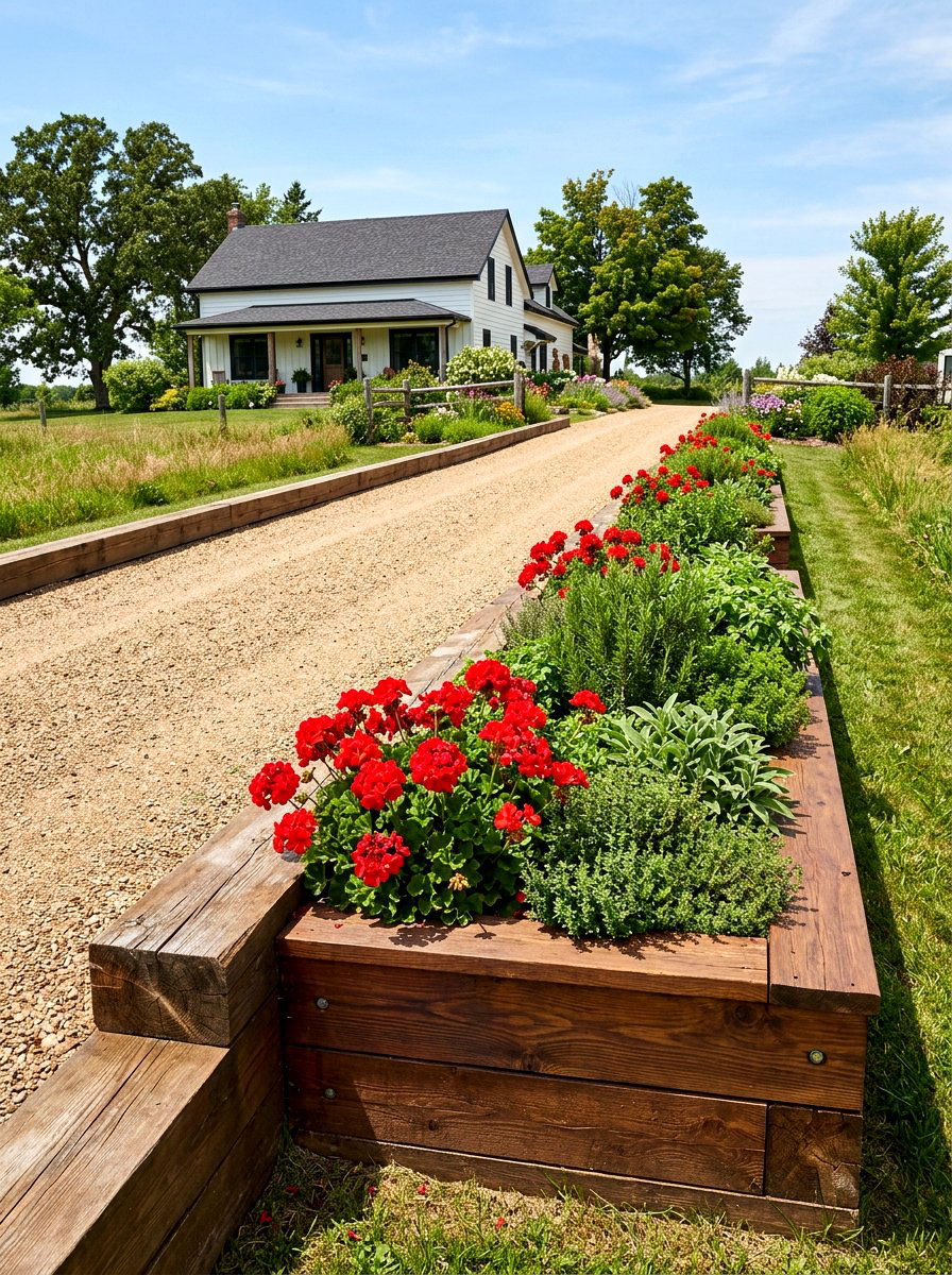Raised timber driveway bed - 30 driveway side garden ideas