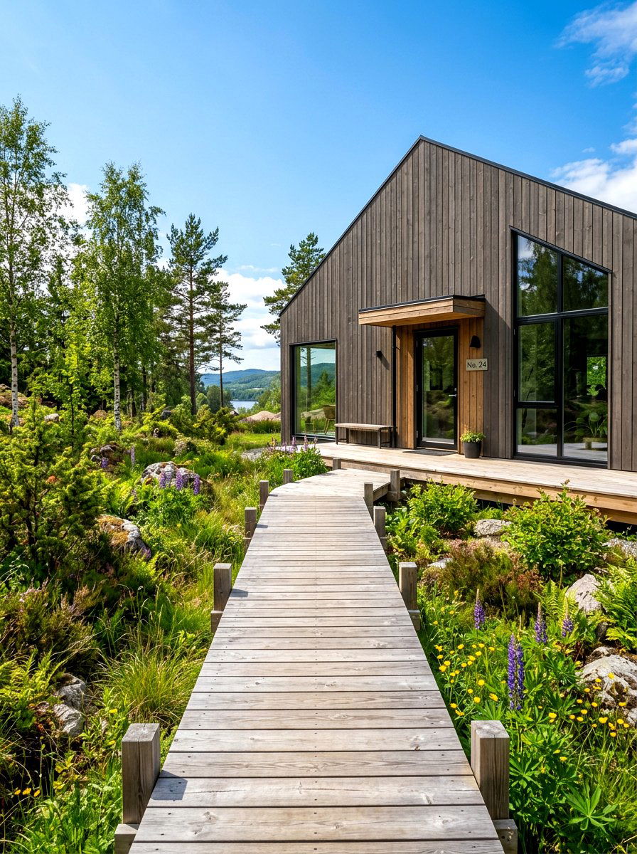 Raised wood walkway Scandinavian house - 30 Scandinavian house exterior ideas