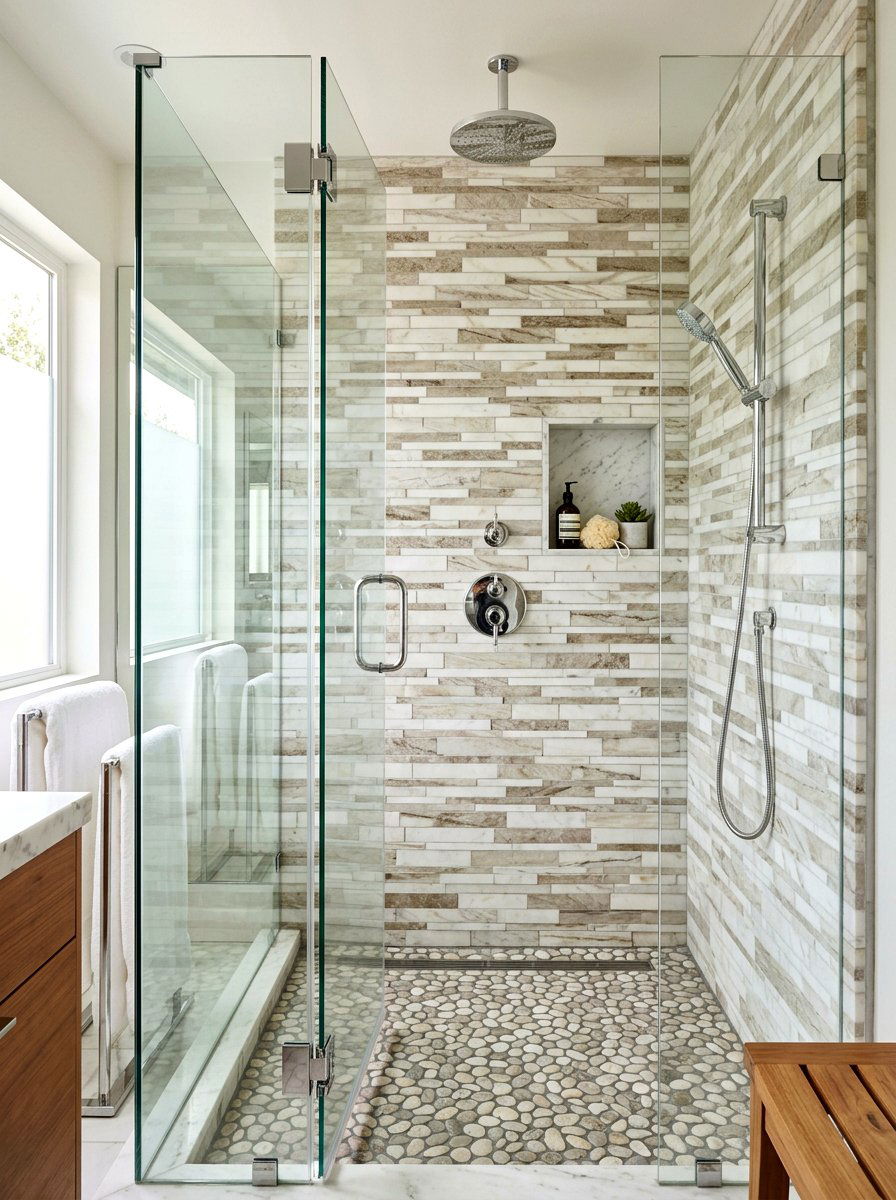 Random Linear Multi Tonal Marble - 30 marble mosaic bathroom ideas