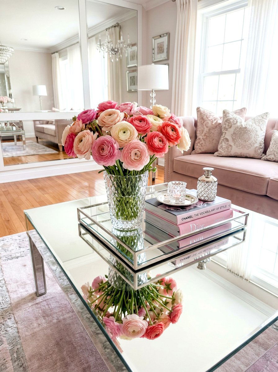 Ranunculus in mirrored tray - 30 market bouquet decor ideas