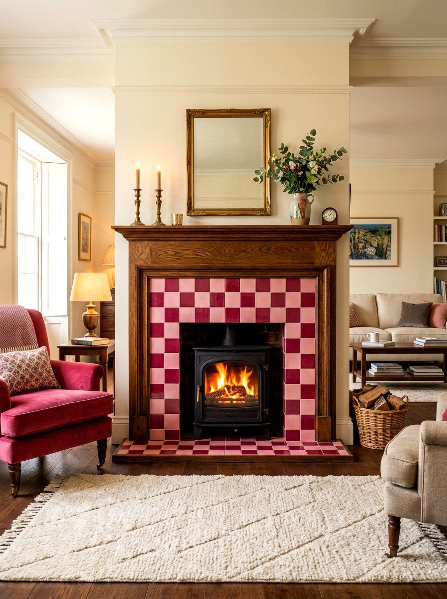 Raspberry checkered fireplace surround - 30 bright checkerboard decor ideas